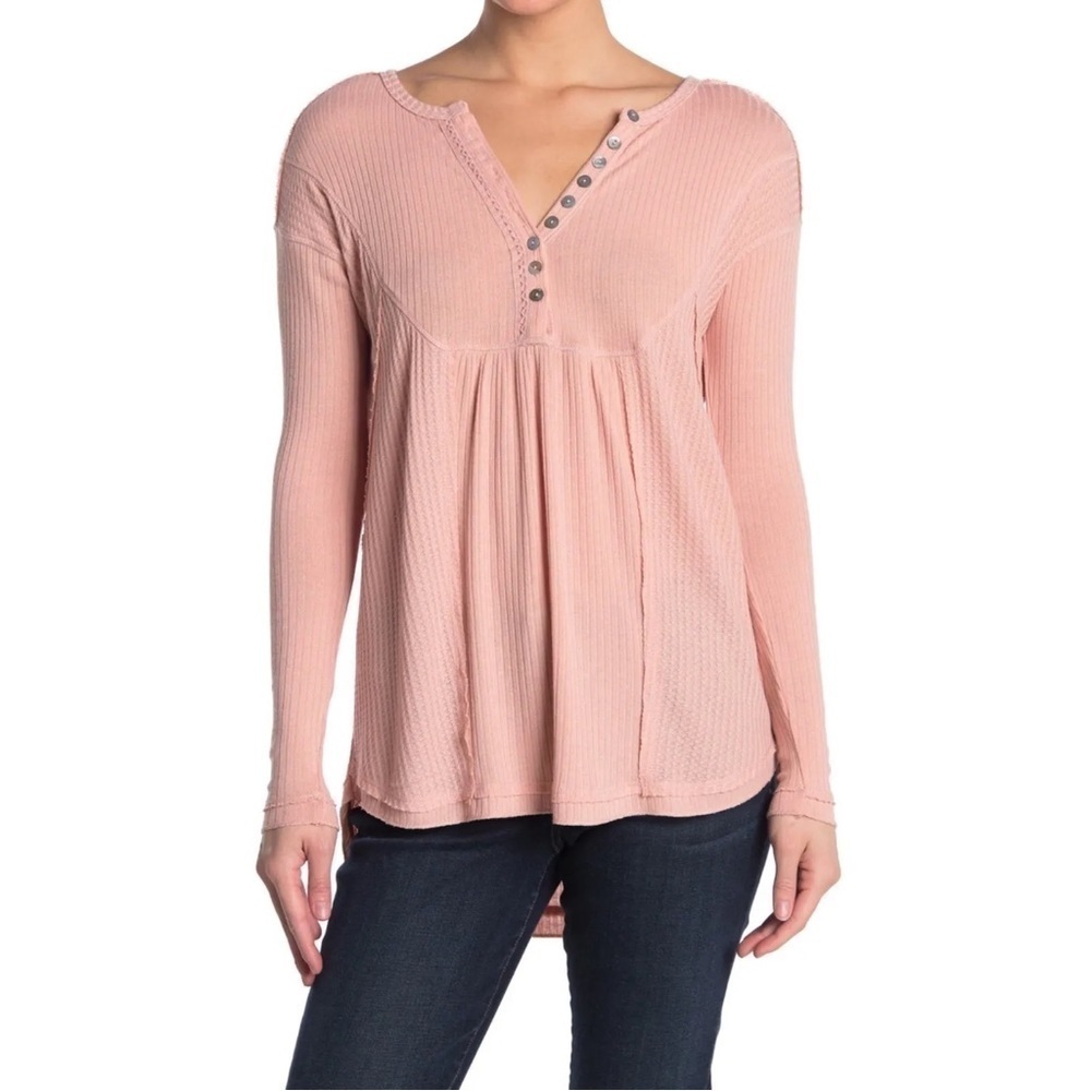 Sweet Romeo Waffle Knit Oversized Henley Blush peach top boho bib loose fit S